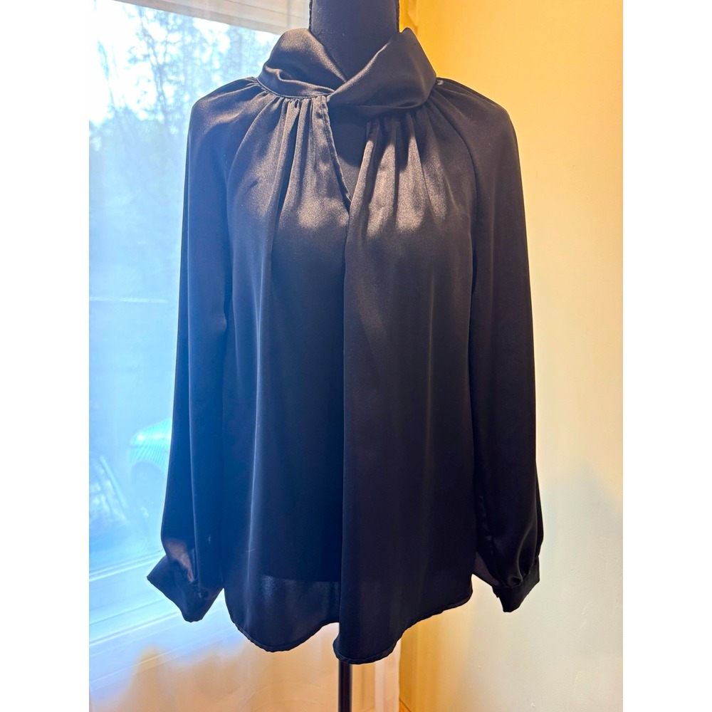 Rachel Zoe Black Solid Pleated High Neck Satin Long Sleeve Blouse M